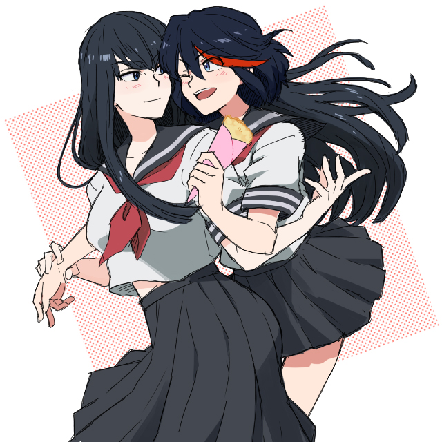 10s, 2girls, alternate_costume, black_hair, blue_eyes, blush, crepe, food, halftone, halftone_background, holding_another's_wrist, hug, hug_from_behind, ike_shita, ikeshita_moyuko, incest, kill_la_kill, kiryuuin_satsuki, long_hair, matoi_ryuuko, multicolored_hair, multiple_girls, one_eye_closed, school_uniform, serafuku, short_hair, siblings, sisters, skirt, smile, streaked_hair, thick_eyebrows, two-tone_hair, wink, yuri