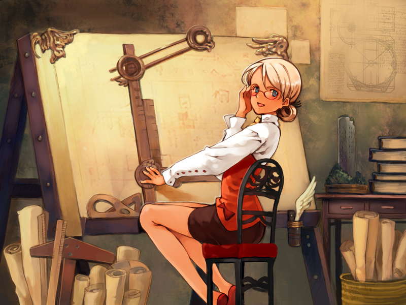 1girl, :d, adjusting_hair, ascot, blonde_hair, blue_eyes, blush, book, chair, drawing, easel, female_focus, from_behind, game_cg, glasses, legs, littlewitch, long_legs, looking_back, mariella_grandback, miniskirt, office_lady, on_chair, ooyari_ashito, open_mouth, pencil_skirt, quill, ruler, scroll, shoes, short_hair, shoujo_mahou_gaku_littlewitch_romanesque, sitting, skirt, smile, solo, thighs