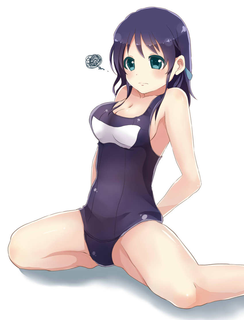 10s, 1girl, absurdres, bad_id, bad_pixiv_id, blue_eyes, blue_hair, female_focus, highres, hiradaira_chisaki, long_hair, nagi_no_asukara, nanahosiryuuki, one-piece_swimsuit, school_swimsuit, sitting, solo, swimsuit, wariza