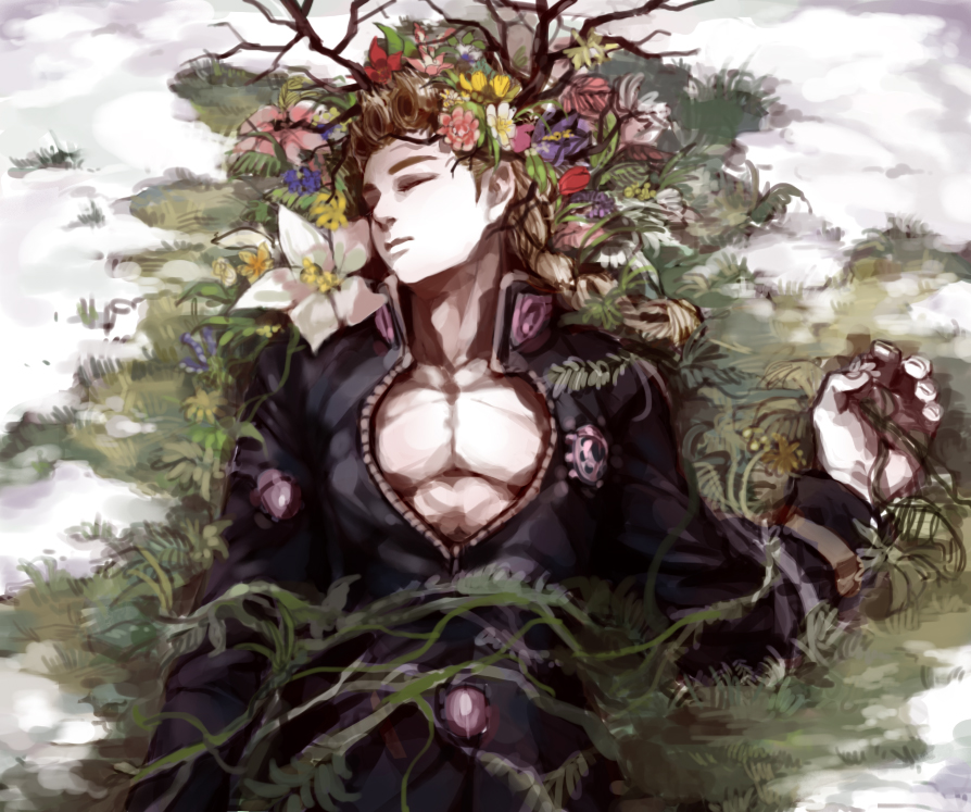 1boy, blonde_hair, flower, giorno_giovanna, jojo_no_kimyou_na_bouken, male_focus, plant, sb_(hiratsei), sleeping, solo, tree, vento_aureo, vines