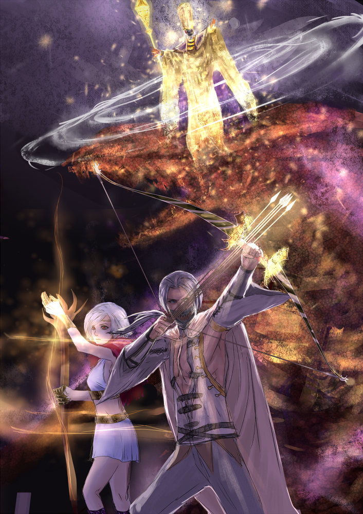 1boy, 1girl, arisen_(dragon's_dogma), arrow_(projectile), battle, bow_(weapon), bracer, cape, cursed_dragon_(dragon's_dogma), dark_bishop_(dragon's_dogma), dragon, dragon's_dogma, dragon's_dogma_(series), glowing, glowing_weapon, half_mask, lich, magic, mask, mouth_mask, pawn_(dragon's_dogma), rey_(kila_saint), staff, weapon