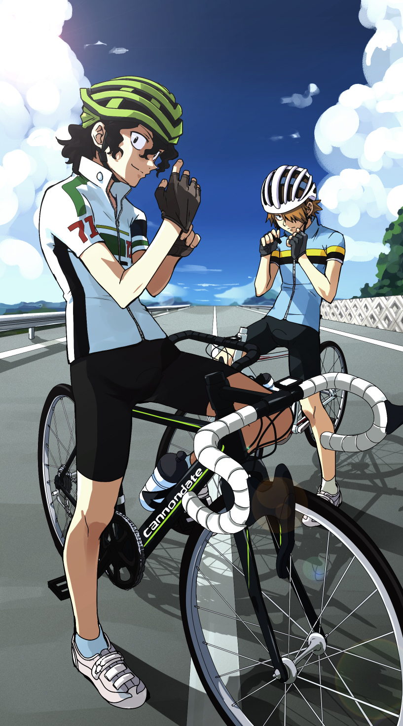 2boys, aoyagi_hajime, bicycle, bicycle_helmet, bike_shorts, black_hair, blonde_hair, blue_sky, bottle, cloud, curly_hair, day, fingerless_gloves, glove_pull, gloves, hair_over_one_eye, helmet, highres, kyakya, lens_flare, long_hair, looking_at_another, looking_at_viewer, multiple_boys, railing, road, shoes, sky, smile, sneakers, socks, sportswear, standing, teshima_junta, vanishing_point, water_bottle, yowamushi_pedal