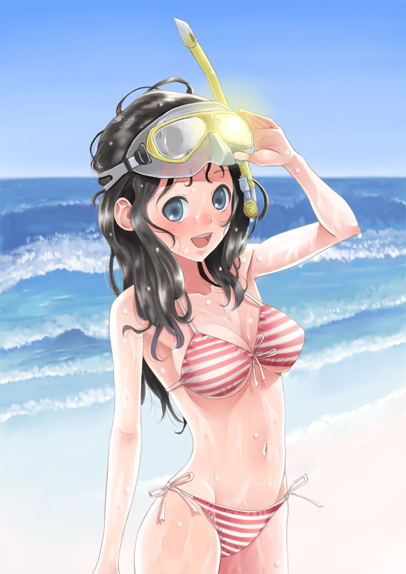 1girl, beach, bikini, black_hair, blue_eyes, breasts, cleavage, day, diving_mask, female_focus, front-tie_top, goggles, hirano_(fireworks), long_hair, medium_breasts, ocean, open_mouth, original, outdoors, side-tie_bikini_bottom, smile, snorkel, solo, striped_bikini, striped_clothes, swimsuit, top_of_moe_2014, water, wet