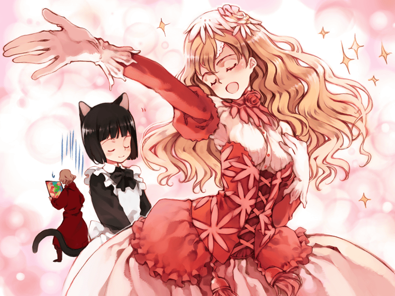 1boy, 2girls, animal_ears, apron, black_hair, blonde_hair, blush, bob_cut