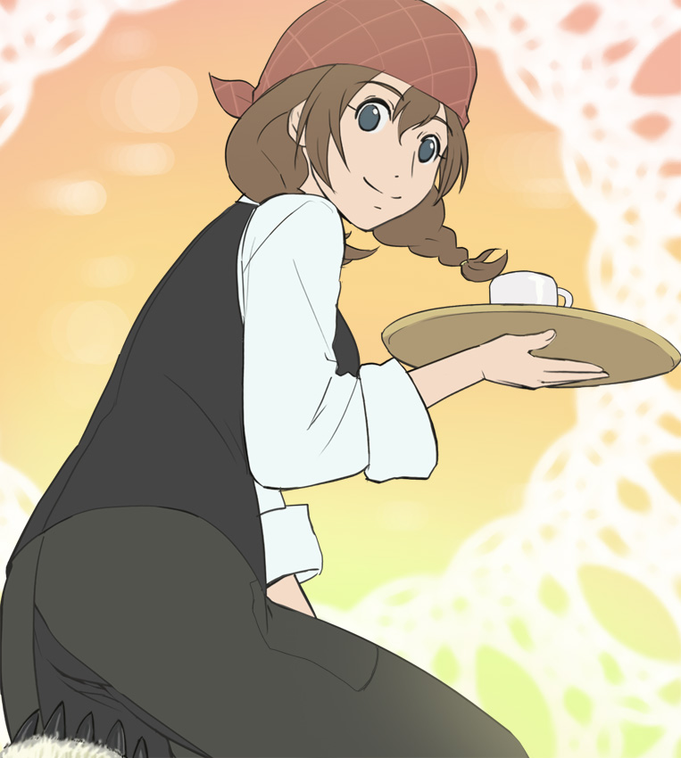 1girl, bandana, braid, brown_hair, coffee_mug, cup, eyelashes, female_focus