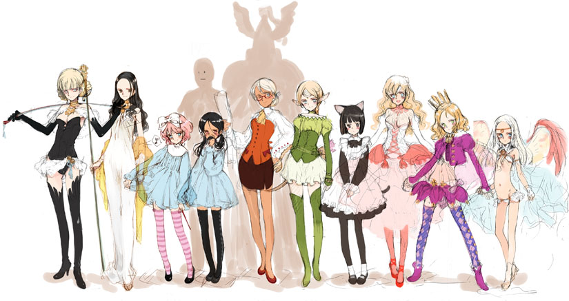 6+girls, :d, animal_ears, aria_vancleef, black_hair, black_thighhighs, blonde_hair, blue_eyes, blunt_bangs, blush, bob_cut, boots, bow, braid, breasts, capelet, cat_ears, cat_girl, cat_tail, child, choker, circlet, cleavage, clothes_lift, constantine_(little_witch_romanesque), corset, covering_own_mouth, crop_top, crown, double_bun, dress, dress_lift, earrings, elbow_gloves, elf, everyone, female_focus, fianna_mellowa, flat_chest, glasses, gloves, green_boots, hair_bow, hair_bun, hair_ornament, hand_on_own_hip, hand_over_mouth, hand_over_own_mouth, helmet, high_heel_boots, high_heels, hip_focus, holding, holding_riding_crop, jewelry, kaya_xavier, legs, lineup, littlewitch, long_hair, maid, mariella_grandback, mary_janes, mauresumo, medium_breasts, merret, merret_(littlewitch), midriff, miniskirt, multiple_girls, musical_note, necklace, office_lady, official_art, olga_klose, olivia_(little_witch_romanesque), one_eye_closed, ooyari_ashito, open_mouth, pantyhose, pink_hair, pink_thighhighs, pointy_ears, quaver, riding_crop, sepha, sepha_(littlewitch), shawl, shoes, short_dress, short_hair, shoujo_mahou_gaku_littlewitch_romanesque, silhouette, simple_background, sketch, skirt, small_breasts, smile, staff, standing, striped_clothes, striped_legwear, striped_thighhighs, tail, teie_(littlewitch), thigh_boots, thighhighs, tillet, twintails, wand, wavy_hair, whip, white_hair, winged_helmet, wings, wink, zettai_ryouiki