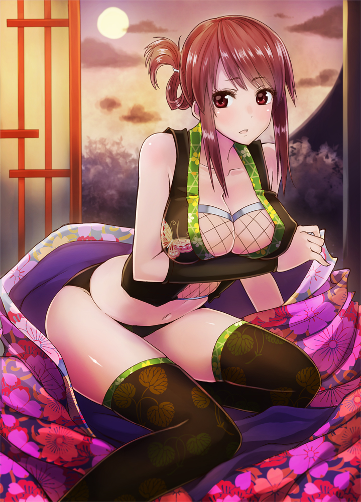 10s, 1girl, akai_kagerou, bare_shoulders, black_thighhighs, breast_hold, breasts, brown_eyes, brown_hair, cleavage, female_focus, fishnets, floral_print, folded_hair, idolmaster, idolmaster_cinderella_girls, japanese_clothes, large_breasts, long_hair, mifune_miyu, ninja, patterned_legwear, print_thighhighs, solo, thighhighs