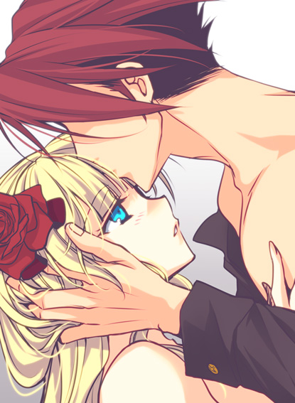 1boy, 1girl, beatrice_(umineko), black_battler, blonde_hair, blue_eyes, flower, hair_flower