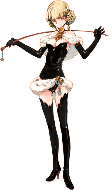 1girl, armpits, bare_shoulders, belt, black_thighhighs, blonde_hair, blunt_bangs, bondage_outfit, boots, breasts, capelet, cleavage, double_bun, earrings, elbow_gloves, female_focus, full_body, fur_trim, gloves, hair_bun, hair_ornament, high_heel_boots, high_heels, holding, holding_riding_crop, jewelry, legs, leotard, littlewitch, long_legs, necklace, no_bra, off_shoulder, official_art, olivia_(little_witch_romanesque), ooyari_ashito, outstretched_arms, riding_crop, shoes, short_hair, shoujo_mahou_gaku_littlewitch_romanesque, smile, solo, spread_arms, standing, thigh_boots, thighhighs, thighs, transparent_background, whip, yellow_eyes, zettai_ryouiki