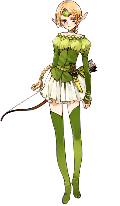 1girl, arrow_(projectile), belt, blonde_hair, blue_eyes, blush, boots, bow_(weapon), bracelet, braid, choker, circlet, dagger, elf, fantasy, female_focus, flat_chest, full_body, green_boots, jewelry, knife, littlewitch, long_hair, merret, merret_(littlewitch), off_shoulder, official_art, ooyari_ashito, pleated_skirt, pointy_ears, quiver, shoujo_mahou_gaku_littlewitch_romanesque, single_braid, skirt, smile, solo, standing, thigh_boots, thighhighs, transparent_background, very_long_hair, weapon, zettai_ryouiki
