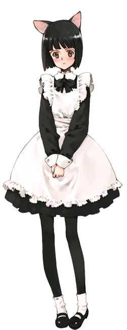 1girl, :o, animal_ears, apron, black_hair, blunt_bangs, blush, bob_cut, bow, bowtie, cat_ears, dress, embarrassed, female_focus, flat_chest, full_body, littlewitch, maid, maid_apron, mary_janes, official_art, ooyari_ashito, open_mouth, pantyhose, pink_eyes, shoes, short_dress, short_hair, shoujo_mahou_gaku_littlewitch_romanesque, socks, solo, standing, straight-on, teie_(littlewitch), tillet, transparent_background, wrist_cuffs