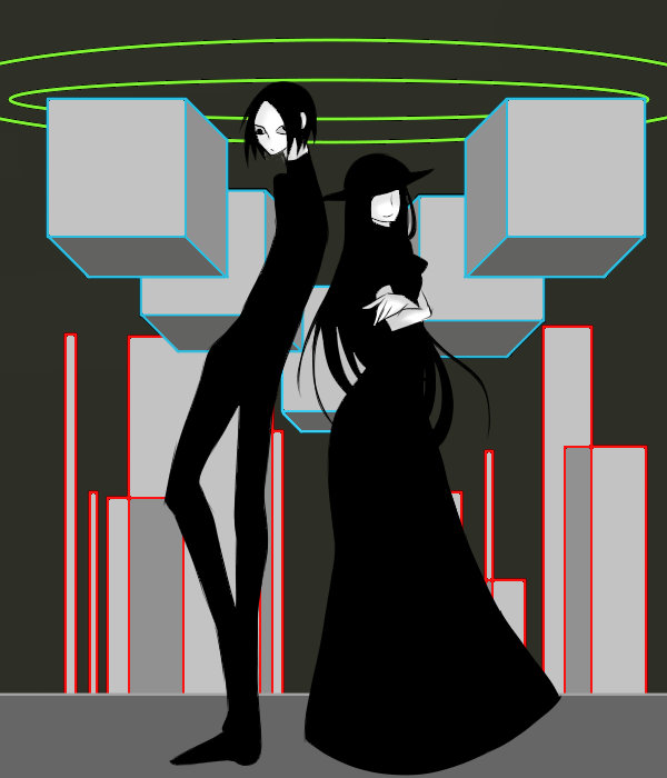 1boy, 1girl, back-to-back, black_dress, crossed_arms, crossover, dress, faceless