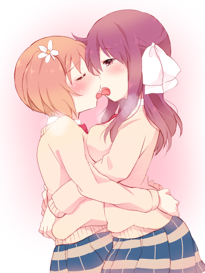 2girls, blonde_hair, blush, couple, flower, french_kiss, hair_flower, hair_ornament, hug, kiss, long_hair, multiple_girls, mutual_hug, necktie, open_mouth, sakura_trick, school_uniform, skirt, sonoda_yuu, sweat, sweater, takayama_haruka, tarabagani, twintails, yuri