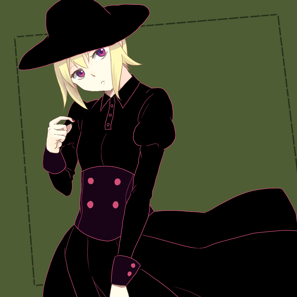1girl, black_dress, blonde_hair, cosplay, dress, expressionless, female_focus, hat