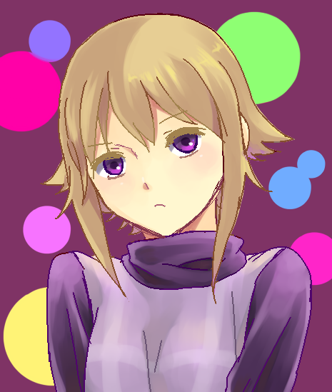 1girl, blonde_hair, expressionless, female_focus, looking_at_viewer, pami_a117, purple_eyes, short_hair