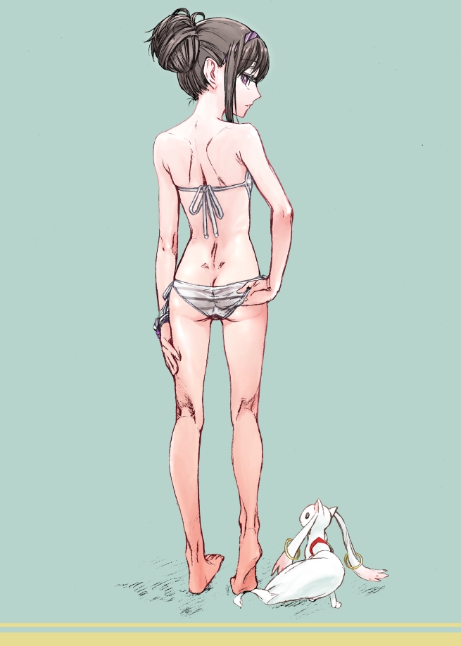 10s, 1girl, adjusting_clothes, adjusting_panties, adjusting_swimsuit, akemi_homura, alternate_hairstyle, arm_at_side, ass, bikini, black_hair, bra, butt_crack, danaka, dimples_of_venus, expressionless, feet, flat_ass, flat_chest, from_behind, full_body, hair_bun, hair_up, hairband, kneepits, kyubey, looking_back, mahou_shoujo_madoka_magica, mahou_shoujo_madoka_magica_(anime), panties, parted_lips, profile, purple_eyes, side-tie_bikini_bottom, single_hair_bun, soles, striped_bikini, striped_clothes, striped_panties, swimsuit, underwear, underwear_only, wristband