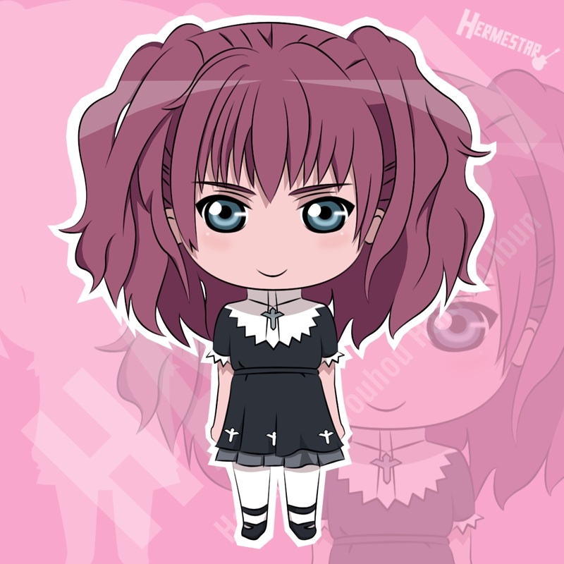 1girl, blue_eyes, blush, chibi, cross, dress, female_focus, hakkenden:_touhou_hakken_ibun, hamaji, hermestar, long_hair, looking_at_viewer, purple_hair, smile, solo, text_focus, twintails, zoom_layer