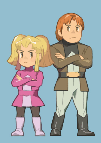 1boy, 1girl, blonde_hair, chibi, crossed_arms, densetsu_kyojin_ideon, kasha_imhof, lowres