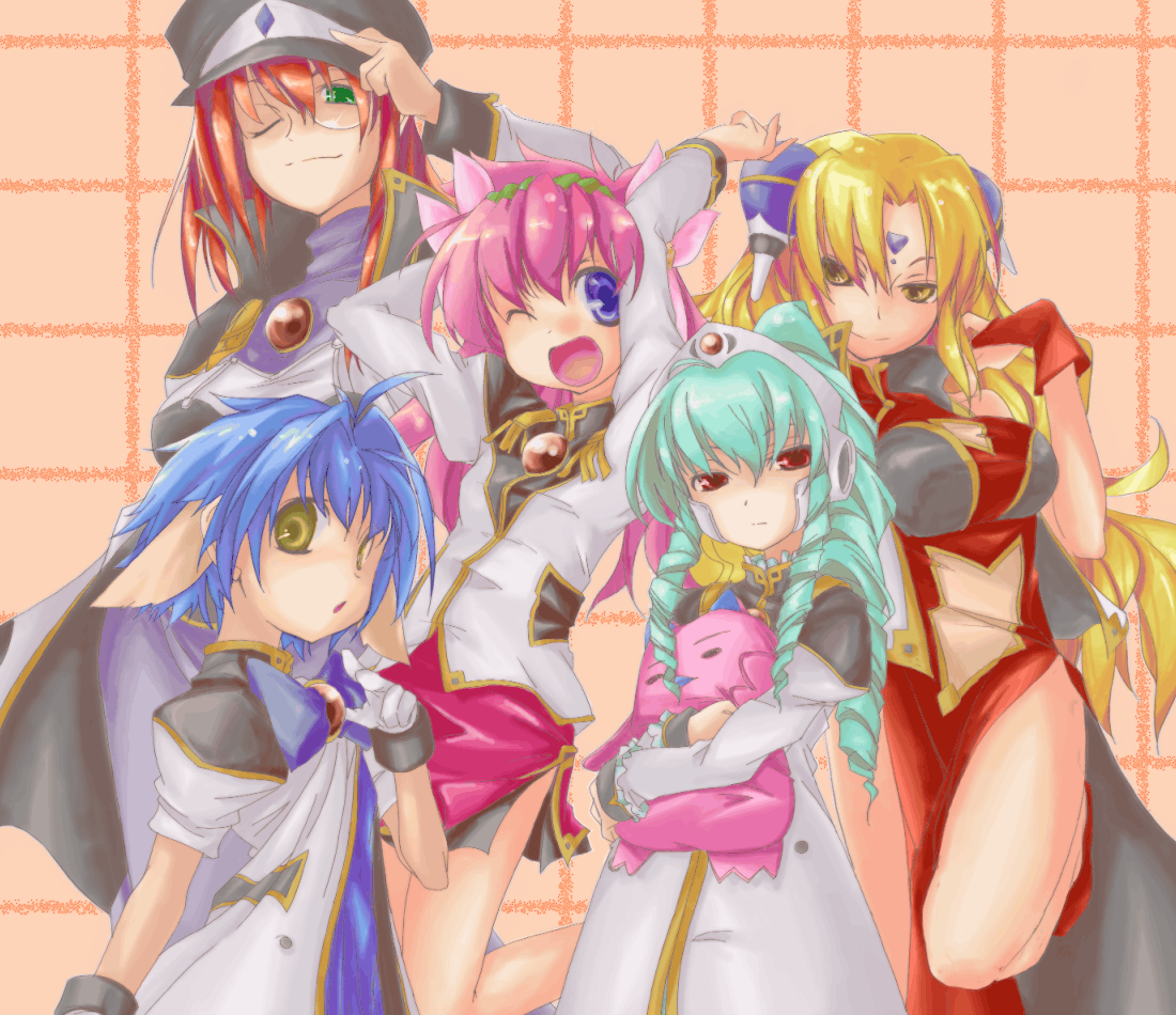00s, 5girls, =_=, animal_ears, aqua_hair, blonde_hair, blue_eyes, blue_hair