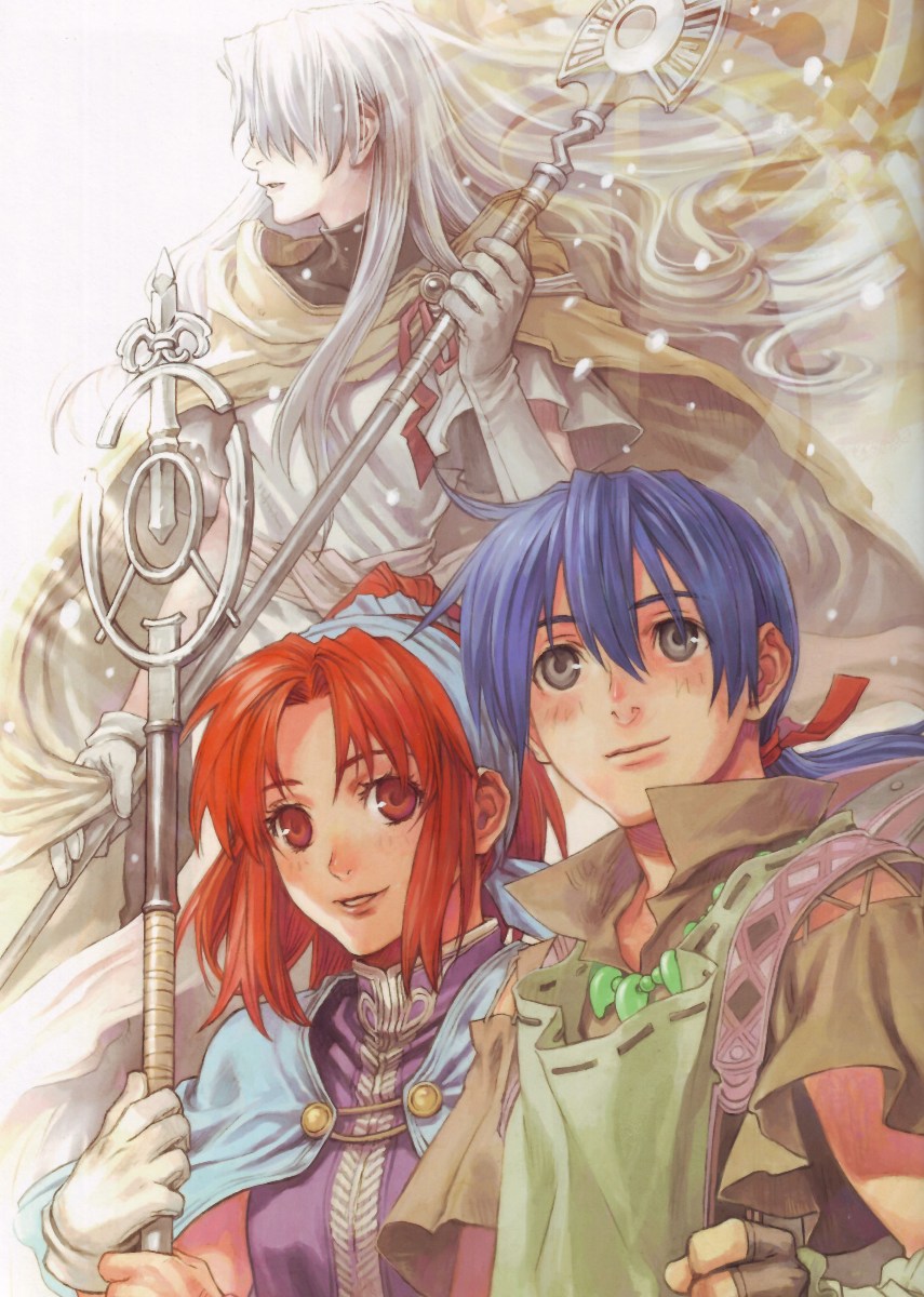 1boy, 2girls, blue_hair, chris_(eiyuu_densetsu), eiyuu_densetsu, fantasy, gueld, gueld_(eiyuu_densetsu), highres, iwasaki_minako, jurio, jurio_(eiyuu_densetsu), multiple_girls, red_hair, shiroki_majo, staff