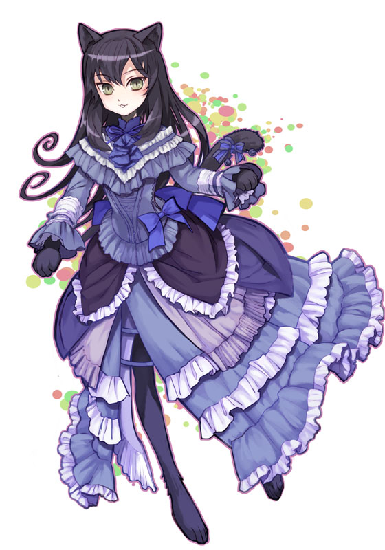 1girl, animal_ears, artist_request, barefoot, black_hair, blue_dress, bow, cat_ears, cat_tail, dress, female_focus, frills, full_body, le_chat, long_hair, ribbon, shiei_no_sona-nyl, smile, solo, steampunk_(liarsoft), tail, white_background, yellow_eyes
