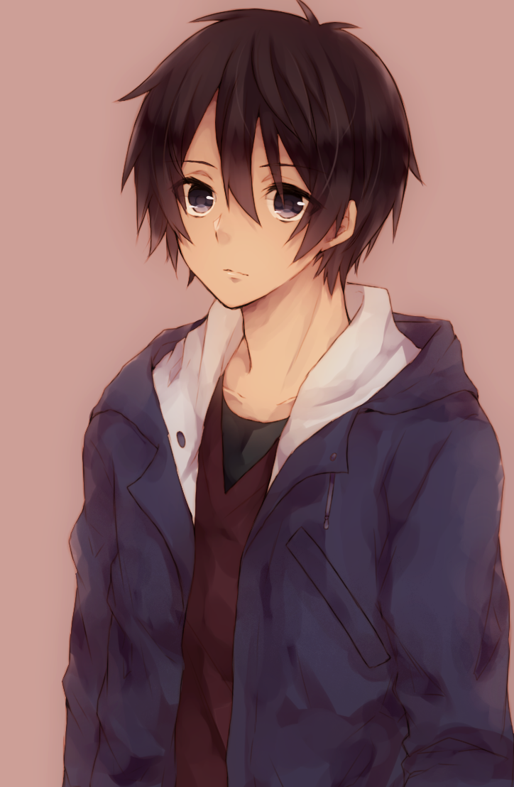 10s, 1boy, black_eyes, black_hair, hood, hoodie, kihara_tsumugu, male_focus