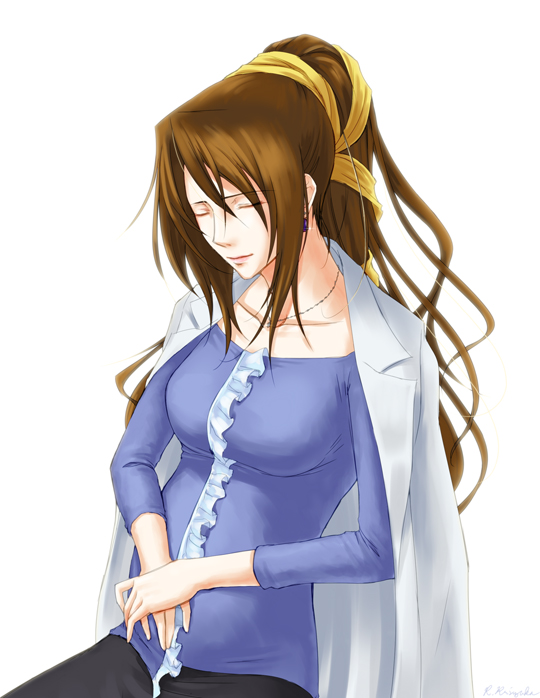 1990s_(style), 1girl, brown_hair, earrings, closed_eyes, female_focus, final_fantasy, final_fantasy_vii, jewelry, long_hair, lucrecia_crescent, necklace, ponytail, pregnant, robber-krzk, solo
