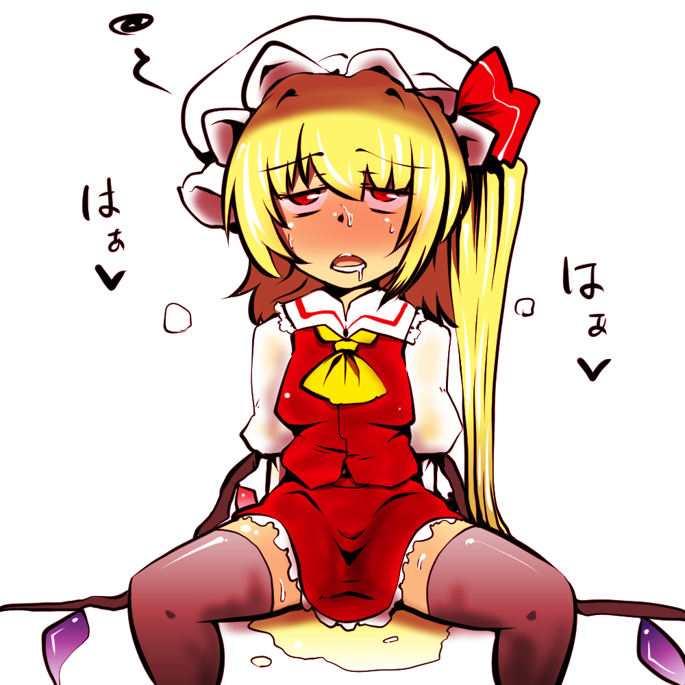 1girl, bad_id, bad_pixiv_id, blonde_hair, blush, drooling, female_focus, flandre_scarlet