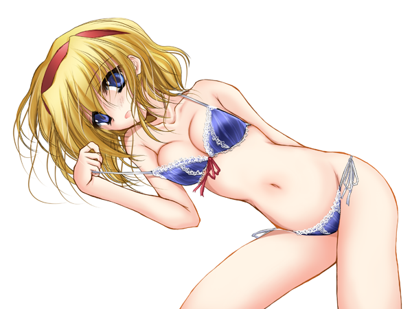 1girl, alice_margatroid, bare_shoulders, bikini, blonde_hair, blue_bra, blue_eyes, blue_panties