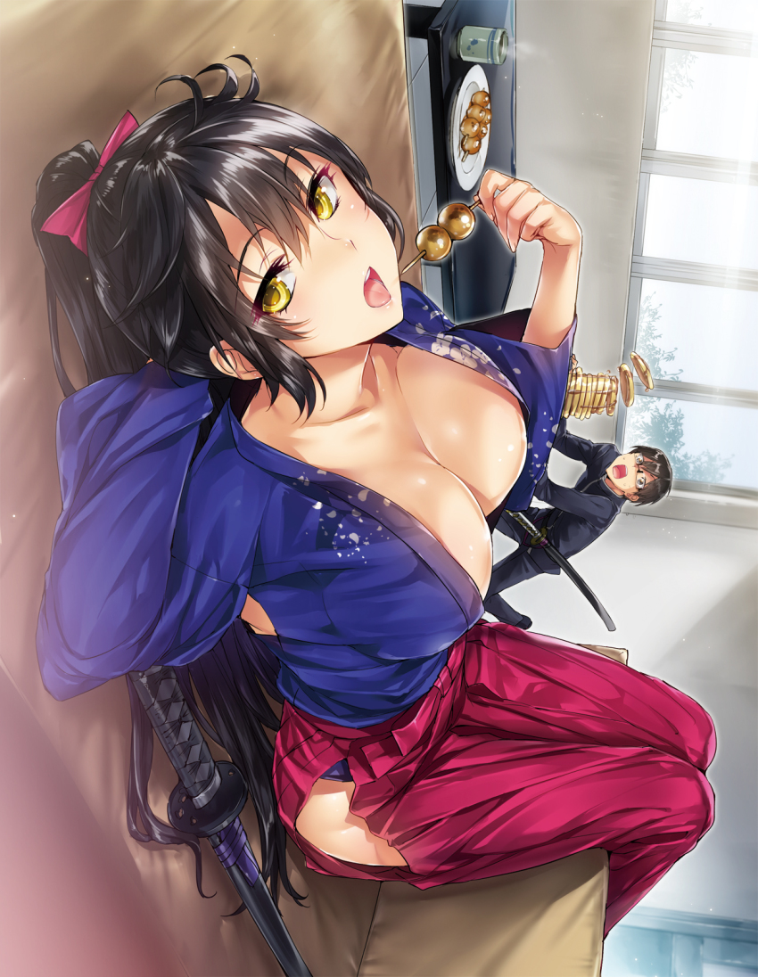 1boy, 1girl, aiichi_kazuya, black_hair, blush, bow, breasts, cleavage, clothing_cutout, cup, dango, food, glasses, hair_bow, hakama, hakama_skirt, highres, hip_vent, hisasi, japanese_clothes, katana, large_breasts, lazy_neneko's_lazy_detective_file, long_hair, long_sleeves, looking_at_viewer, monogusa_neneko_no_taida_na_tanteichou, open_mouth, original, plate, ponytail, red_hakama, school_uniform, side_slit, skirt, sword, tongue, wagashi, weapon, yellow_eyes, yomisaka_neneko