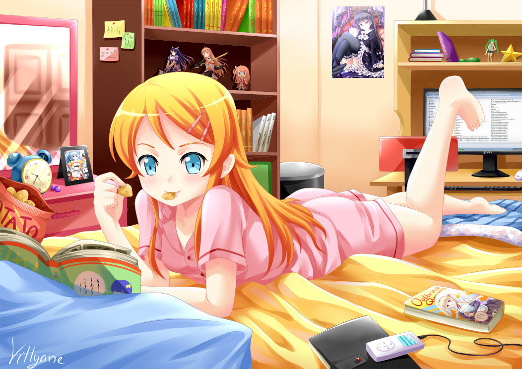 1girl, alarm_clock, barefoot, bed, bedroom, blonde_hair, blue_eyes, book, clock, mp3_player, eating, gokou_ruri, indoors, ipod, ipod_mini, kousaka_kirino, long_hair, lying, manga_(object), mirror, monitor, on_stomach, orange_hair, ore_no_imouto_ga_konna_ni_kawaii_wake_ga_nai, pajamas, poster_(medium), poster_(object), villyane