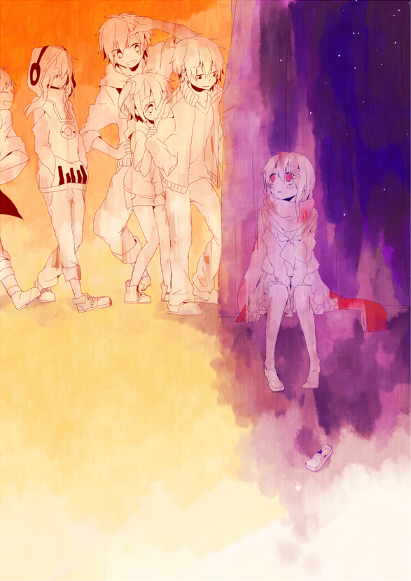 3boys, 3girls, bad_id, bad_pixiv_id, curtains, hair_ornament, hairclip, hood, hoodie, kagerou_project, kano_shuuya, kido_tsubomi, kisaragi_momo, kisaragi_shintarou, long_hair, motineko, multiple_boys, multiple_girls, red_eyes, scarf, school_uniform, seto_kousuke, short_hair, side_ponytail, tateyama_ayano, tears