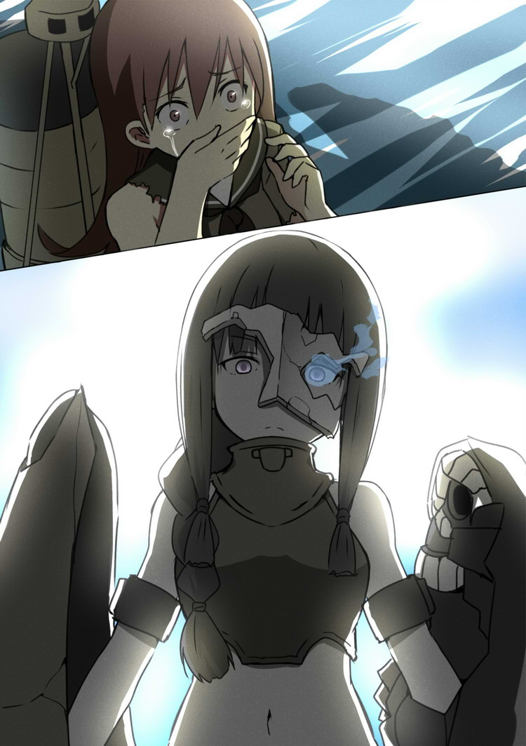 10s, 2girls, abyssal_ship, alternate_costume, black_hair, blunt_bangs, braid, brown_hair, chi-class_torpedo_cruiser, chi-class_torpedo_cruiser_(cosplay), comic, corruption, cosplay, crying, crying_with_eyes_open, dark_persona, glowing, glowing_eye, kantai_collection, kitakami_(kancolle), long_hair, multiple_girls, ooi_(kancolle), personification, school_uniform, serafuku, short_hair, sidelocks, silent_comic, sky-freedom, surprised, tears, torn_clothes