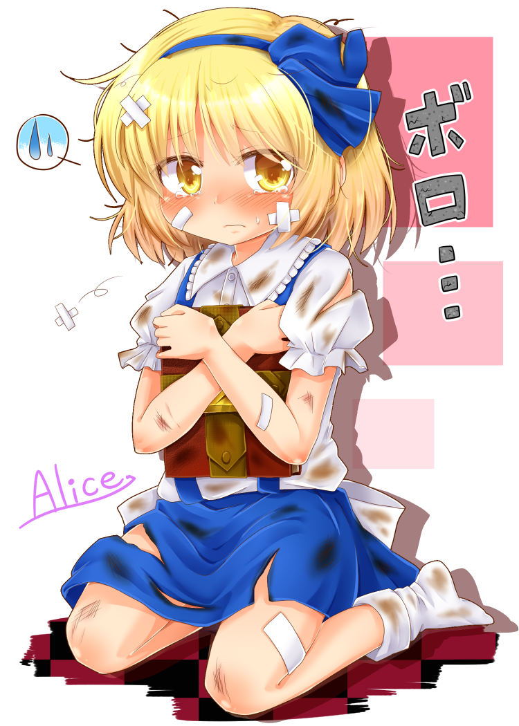 1girl, alice_margatroid, alice_margatroid_(pc-98), bandaid, blonde_hair, book, bruise, character_name