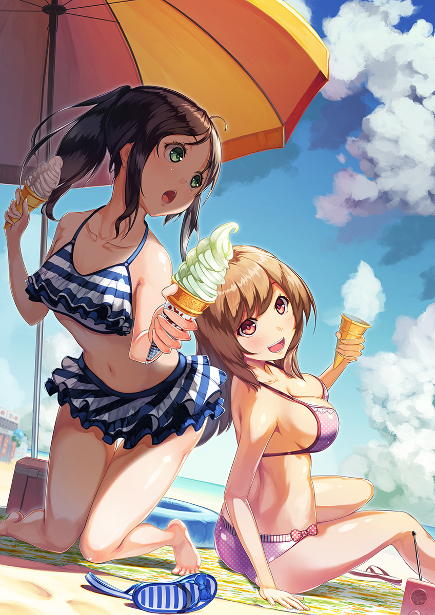 2girls, arm_support, barefoot, beach, beach_umbrella, bikini, bikini_skirt, black_hair