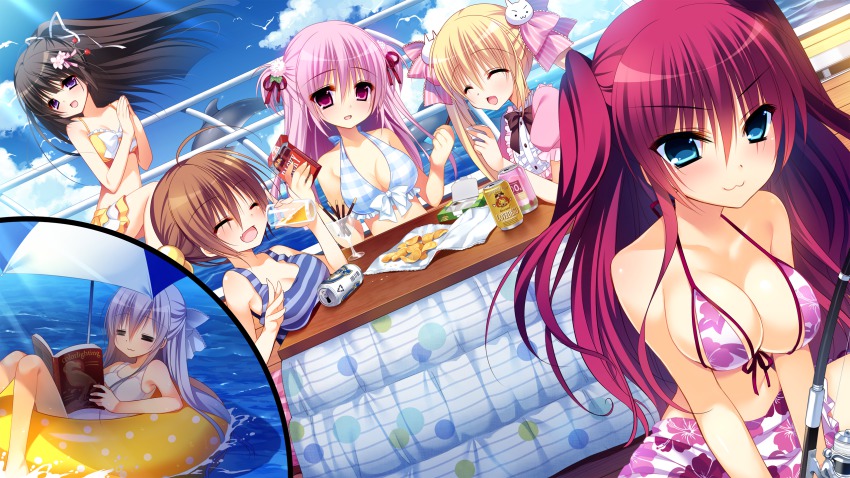 1boy, 5girls, :3, :d, ^_^, amai_ichigo, ayashiro_kagari, bikini, black_hair, blonde_hair, blue_bikini, blue_eyes, blush, book, breast_rest, breasts, brown_hair, can, chips_(food), cleavage, closed_eyes, day, dolphin, dress, drink, fishing_rod, floral_print, food, front-tie_top, highres, hinako_nanami, innertube, innocent_girl, kotatsu, large_breasts, light_purple_hair, long_hair, looking_at_viewer, midou_konoka, midou_rino, multiple_girls, nanaka_mai, nanami_hinako, ocean, one-piece_swimsuit, open_book, open_mouth, ousaka_kanae, pink_bikini, pink_eyes, pink_hair, pocky, potato_chips, purple_eyes, railing, reading, red_hair, sarong, school_swimsuit, shirt, short_hair, sleeveless, sleeveless_shirt, smile, snack, striped, swim_ring, swimsuit, table, trap, umbrella, water, white_one-piece_swimsuit, white_school_swimsuit, yellow_bikini