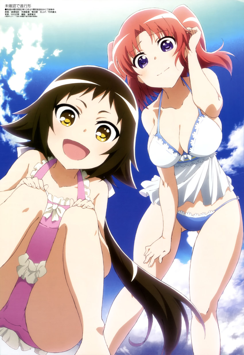 2girls, :d, absurdres, bikini, blush, breasts, brown_hair, casual_one-piece_swimsuit