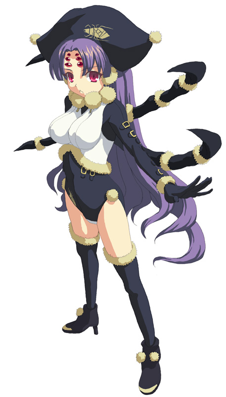 1girl, :<, arthropod_girl, arthropod_limbs, black_thighhighs, breasts, bug, female_focus