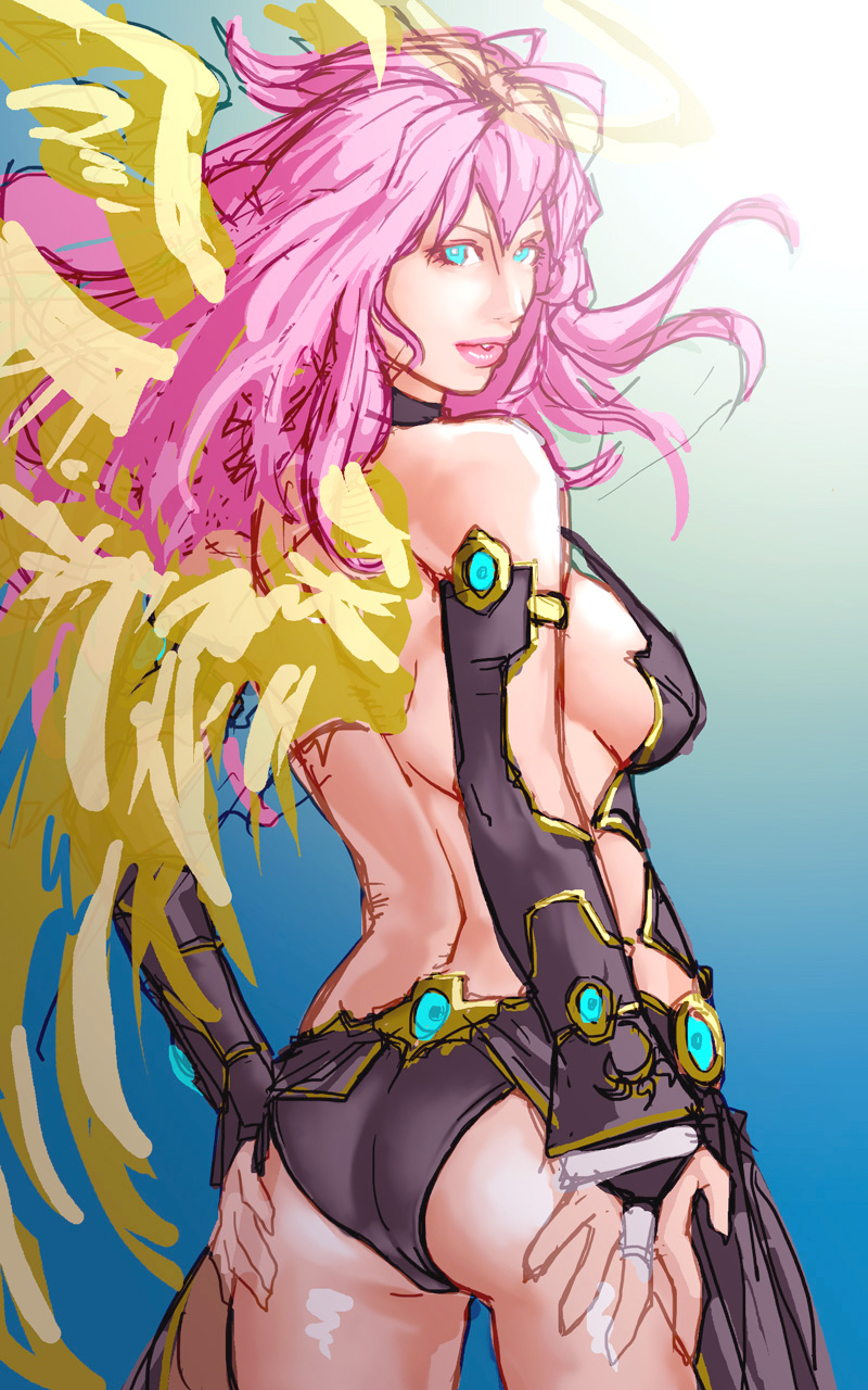 1girl, aqua_eyes, archangel_metatron_(p&amp;d), ass, black_panties, breasts, bridal_gauntlets, female_focus