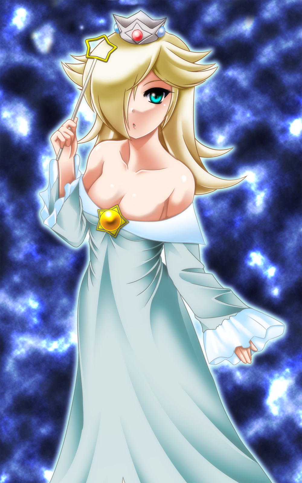 1girl, :o, aqua_eyes, bare_shoulders, blonde_hair, blue_dress, breasts, cleavage