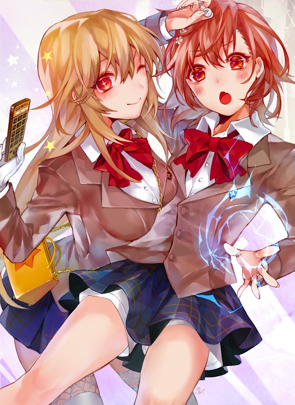 +_+, 1girl, 2girls, bad_id, bad_pixiv_id, blonde_hair, brown_hair, elbow_gloves