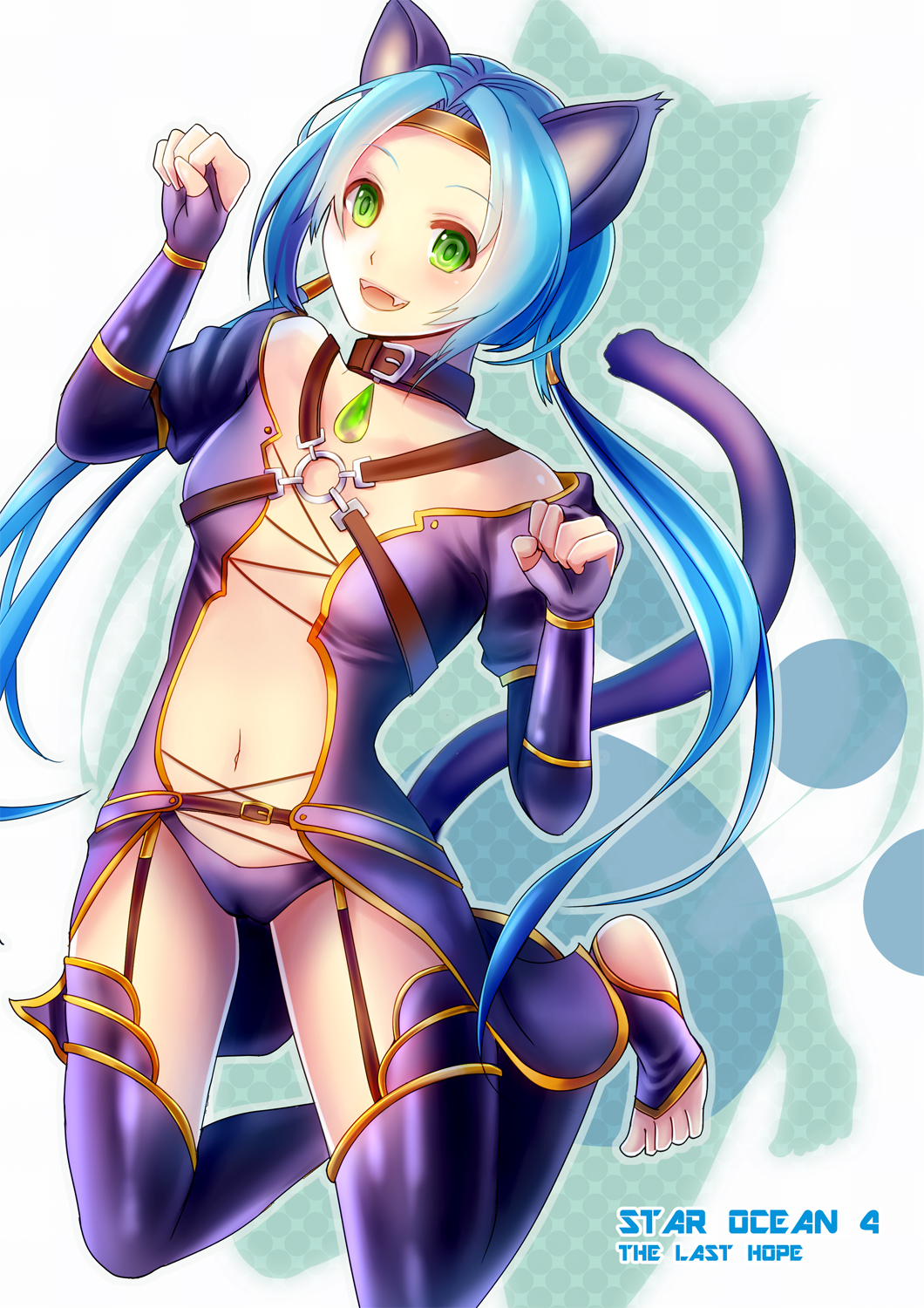 1girl, animal_ears, blue_hair, blue_thighhighs, cat_ears, cat_tail, choker, circlet