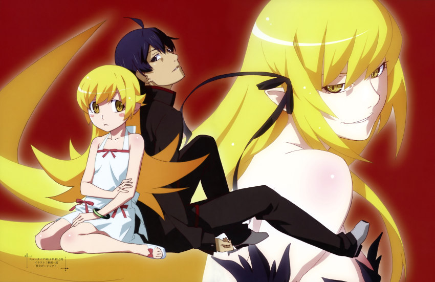 1boy, 2girls, absurdres, ahoge, arakaki_issei, araragi_koyomi, back-to-back, bare_shoulders, black_hair, blonde_hair, collarbone, dress, dual_persona, evil_smile, highres, kiss-shot_acerola-orion_heart-under-blade, long_hair, looking_at_viewer, matching_hair/eyes, monogatari_(series), multiple_girls, official_art, oshino_shinobu, pointy_ears, red_background, scan, school_uniform, short_hair, simple_background, sleeveless, sleeveless_dress, smile, sundress, vampire, very_long_hair, white_dress, yellow_eyes