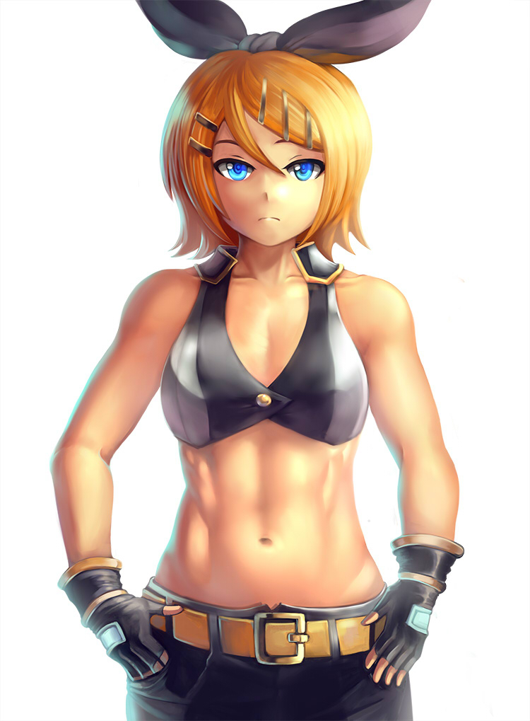1girl, abs, bare_shoulders, belt, kagamine_rin_(black_star), blonde_hair, blue_eyes, crop_top, female_focus, fingerless_gloves, frown, gloves, hair_ornament, hair_ribbon, hairclip, kagamine_rin, kodoku_no_hate_(vocaloid), looking_at_viewer, midriff, muscular, navel, project_diva_(series), project_diva_extend, ribbon, short_hair, solo, toned, toned_female, vocaloid, yilx