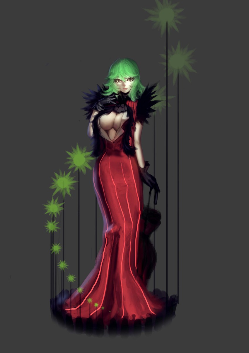 1girl, absurdres, black_gloves, breasts, brown_eyes, cleavage, cleavage_cutout, closed_umbrella, clothing_cutout, cropped_vest, curvy, dress, eyelashes, female_focus, flower, formal_clothes, full_body, gloves, green_hair, grey_background, highres, kazami_yuuka, large_breasts, light_smile, lips, looking_at_viewer, mermaid_line_gown, nose, planted, planted_umbrella, sleeveless, solo, striped_clothes, striped_dress, sunflower, touhou, umbrella, vest, wavy_hair, yuuuuuuuuuuuuka