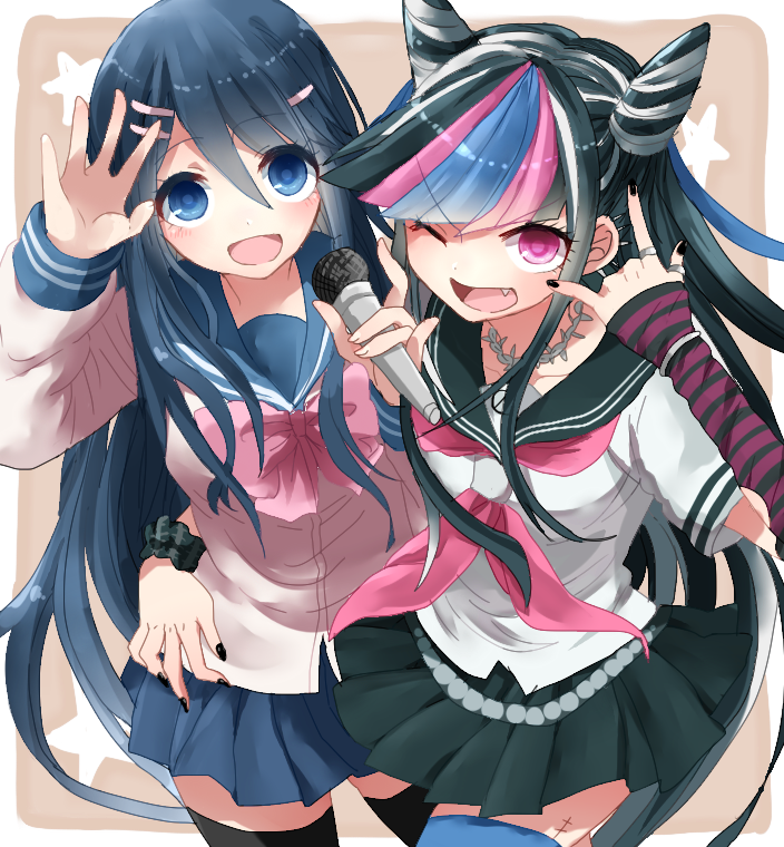 10s, 2girls, arm_around_another's_waist, black_nails, blue_eyes, blue_hair, cone_hair_bun, danganronpa:_trigger_happy_havoc