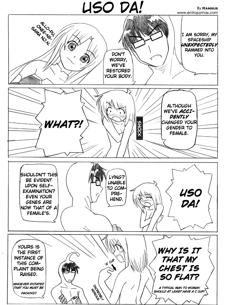 1girl, 2boys, 4koma, comic, crossover, flat_chest, genderswap, genderswap_(mtf)