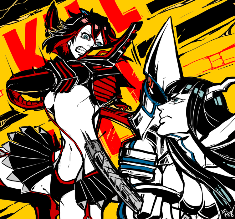 10s, 2girls, black_hair, breasts, junketsu, kill_la_kill, kiryuuin_satsuki, matoi_ryuuko, multicolored_hair, multiple_girls, navel, plus08_(tasuhachi), red_hair, revealing_clothes, scissor_blade_(kill_la_kill), senketsu, sideboob, sword, two-tone_hair, underboob, weapon