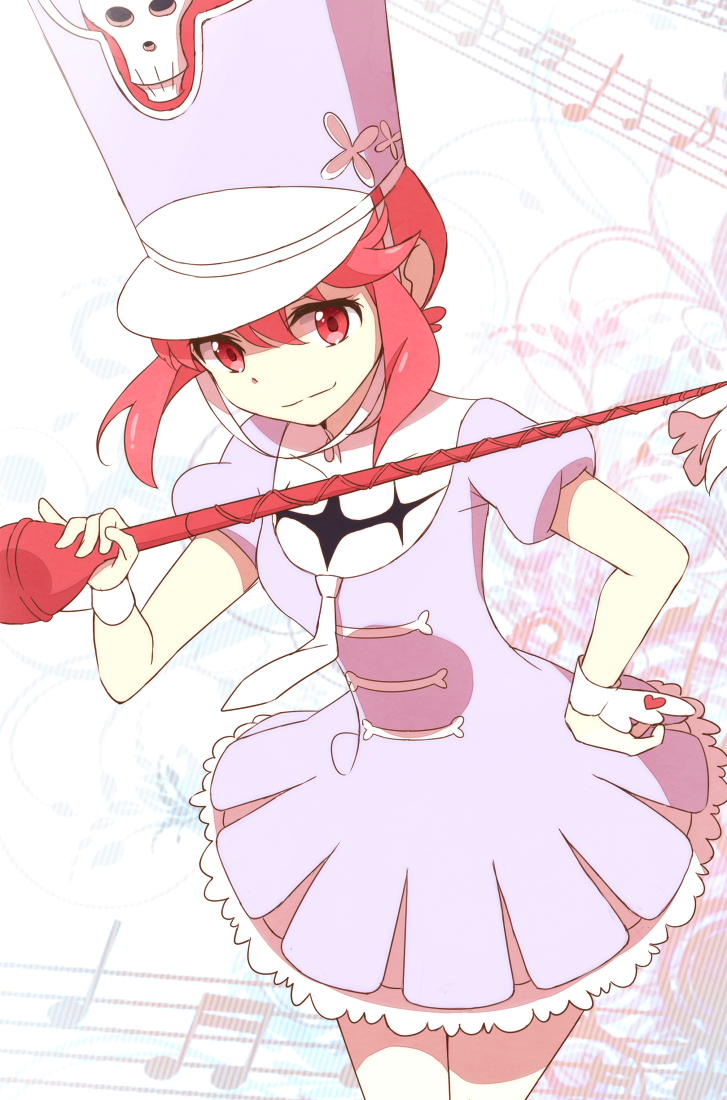 10s, 1girl, baton, conductor_baton, dress, female_focus, hand_on_own_hip, hat, jakuzure_nonon, kill_la_kill, musical_note, necktie, pink_eyes, pink_hair, quaver, rirako, shako_cap, short_hair, sidelocks, skull, smile, solo, musical_staff, uniform, wrist_cuffs