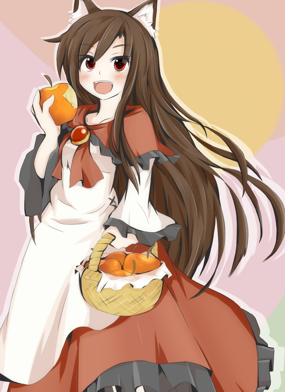 1girl, animal_ears, apple, basket, blush, brooch, brown_hair, dress
